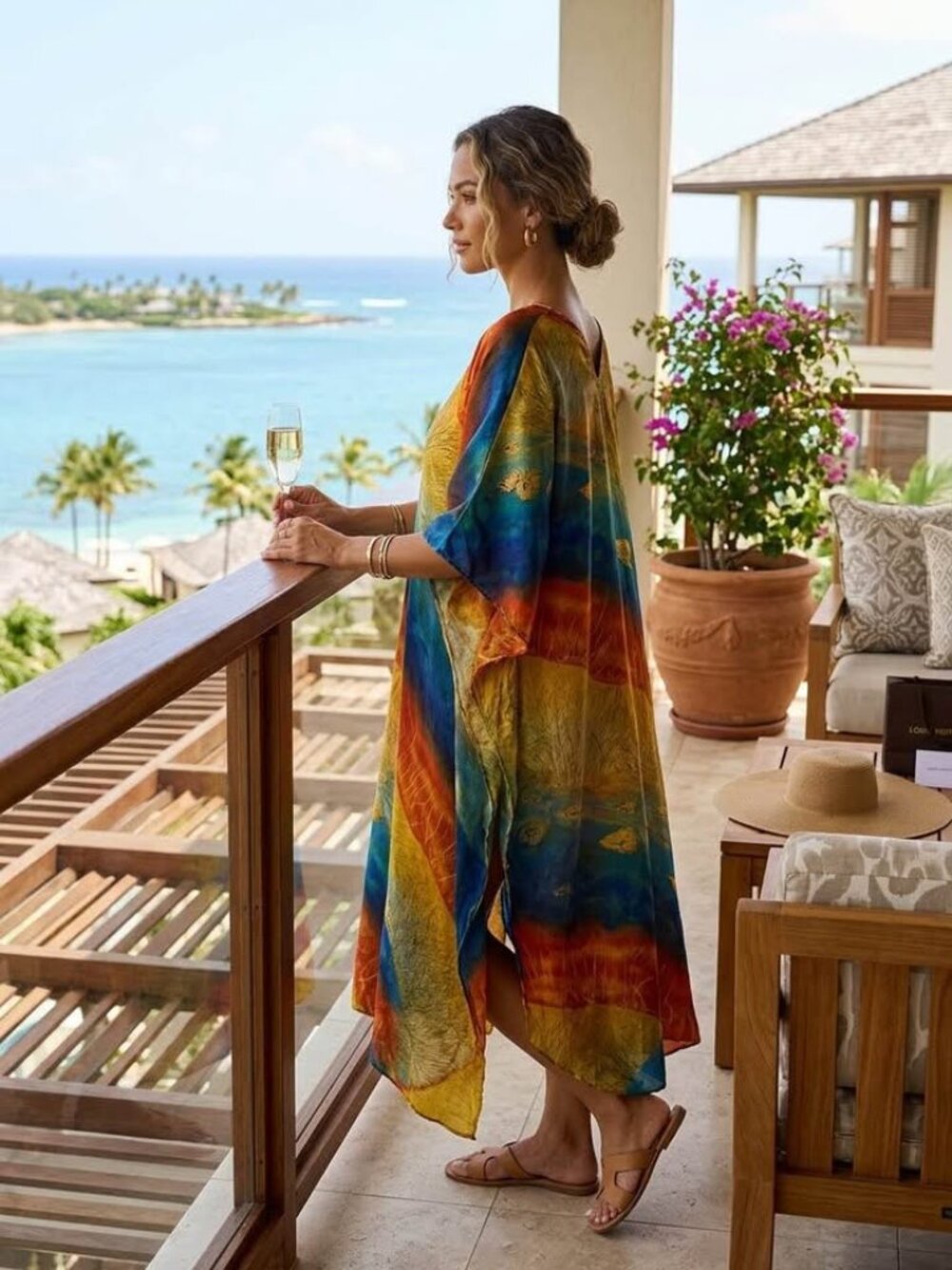 Winlar Mermaid-Inspired Satin-Like Kaftan Maxi Dress Ocean-Themed Flowy